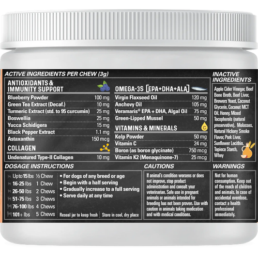 Rear label of Marvelous Mobility pork flavor 90 count.