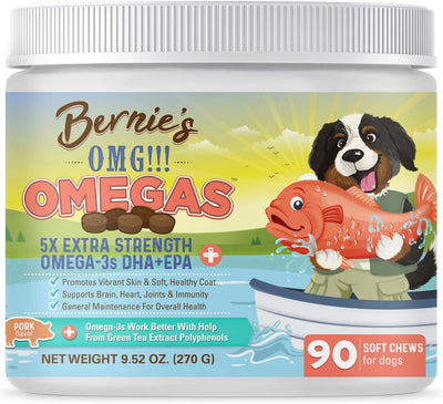 Bernie's OMG!!! Omegas - 5X Extra Strength Omega-3s DHA+EPA Soft Chews Omega Supplement Bernie's Best Pork (90 Soft Chews) 