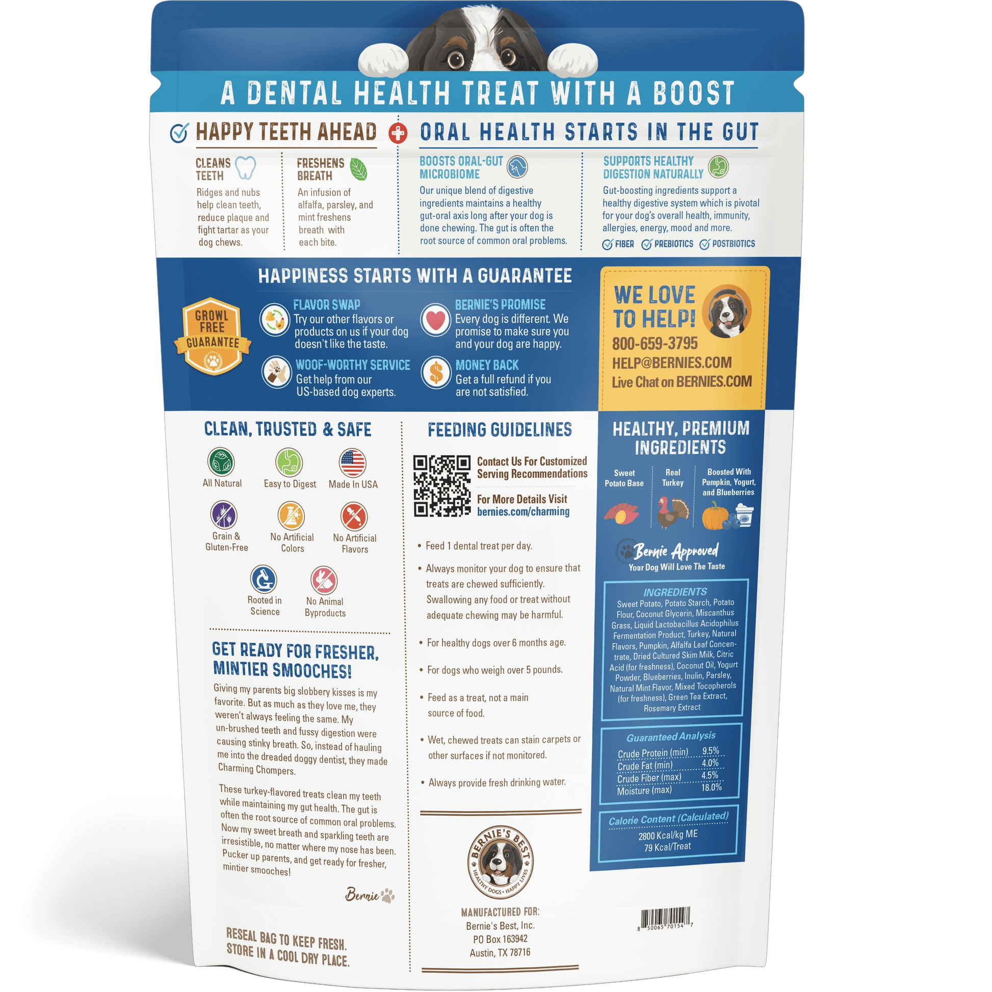 Back of Charming Chompers for medium dogs 18 oz package.