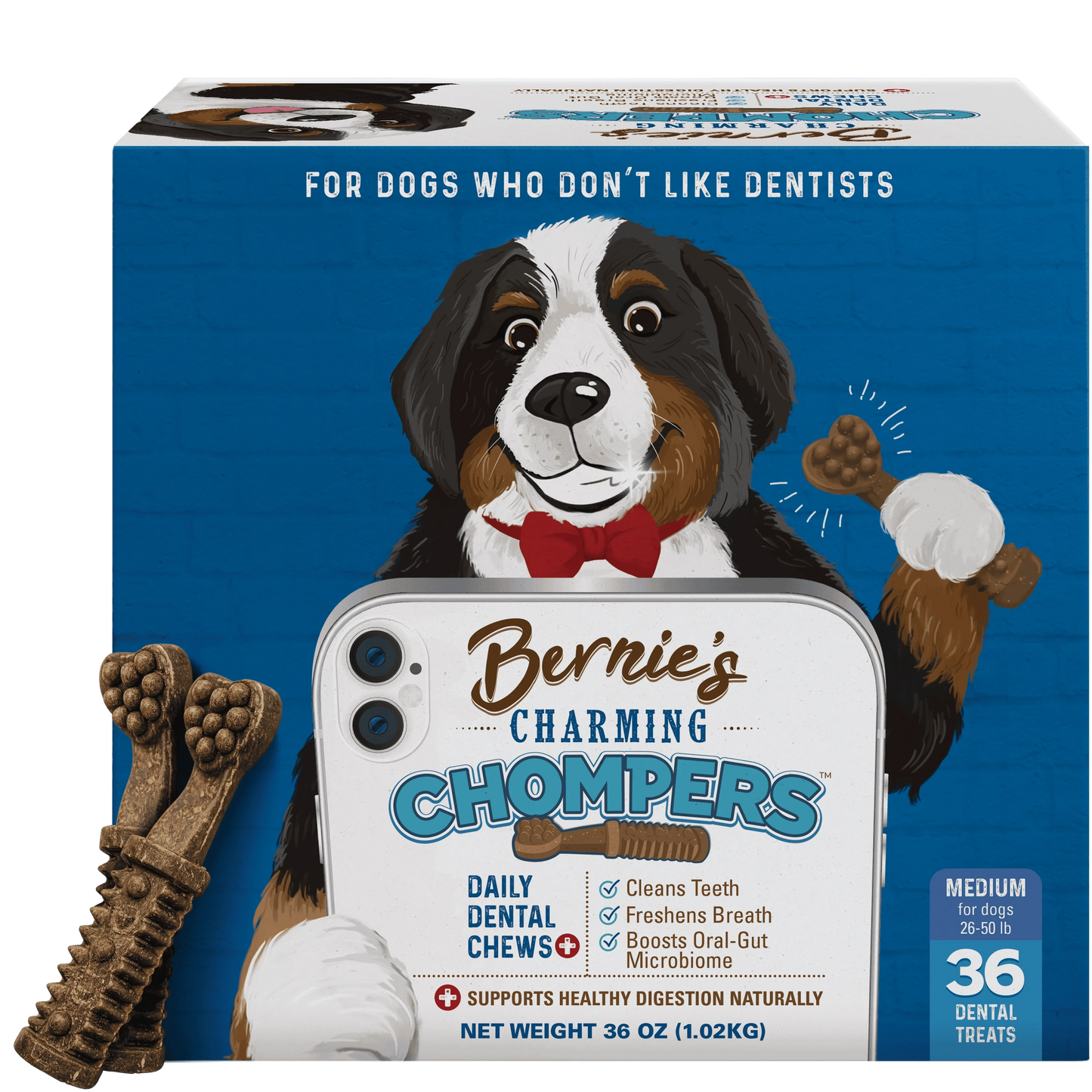 Front of Charming Chompers for medium dogs 36 oz package.