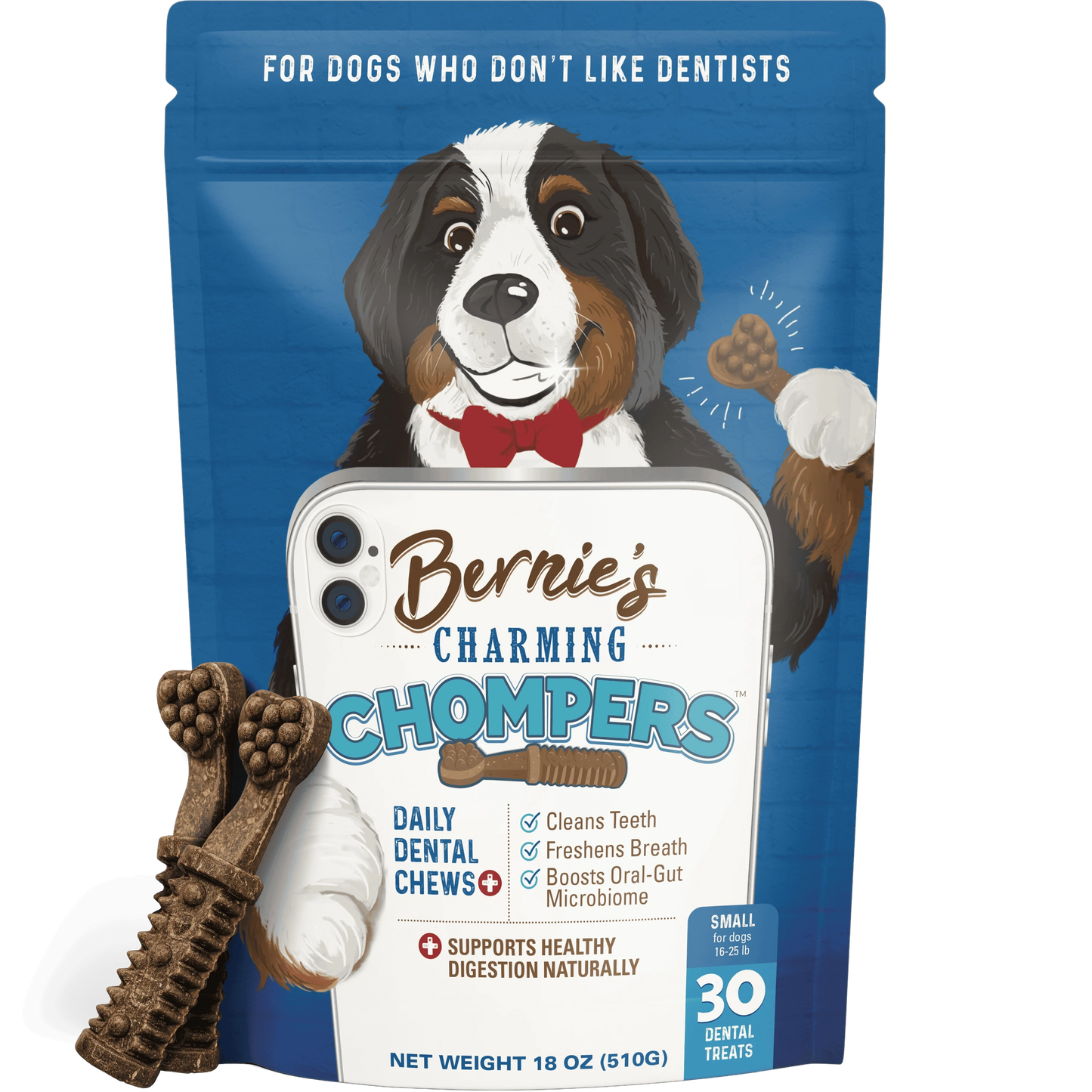 Front of Charming Chompers for small dogs 18 oz package.