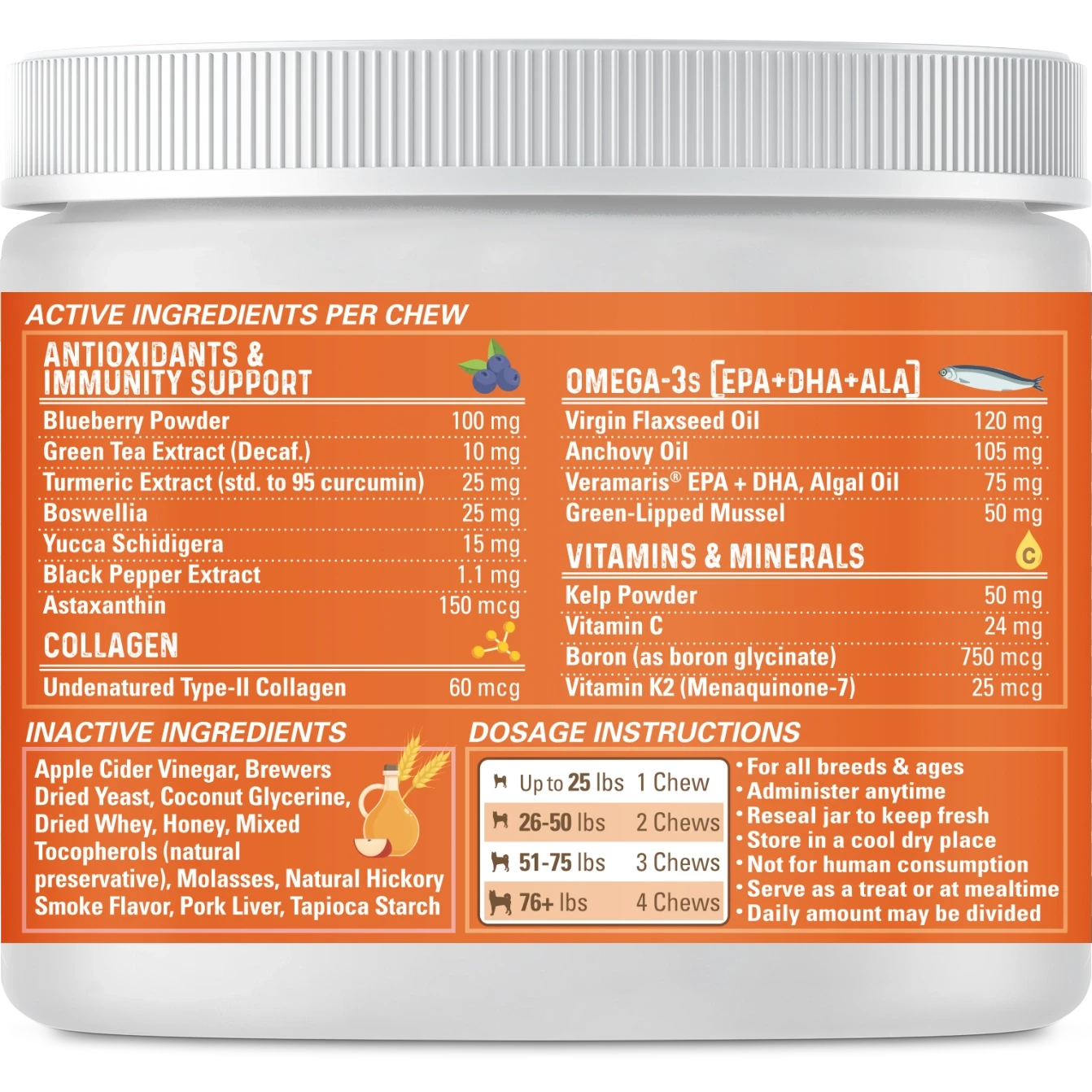 Rear label of Healthy Hips pork flavor 90 count.