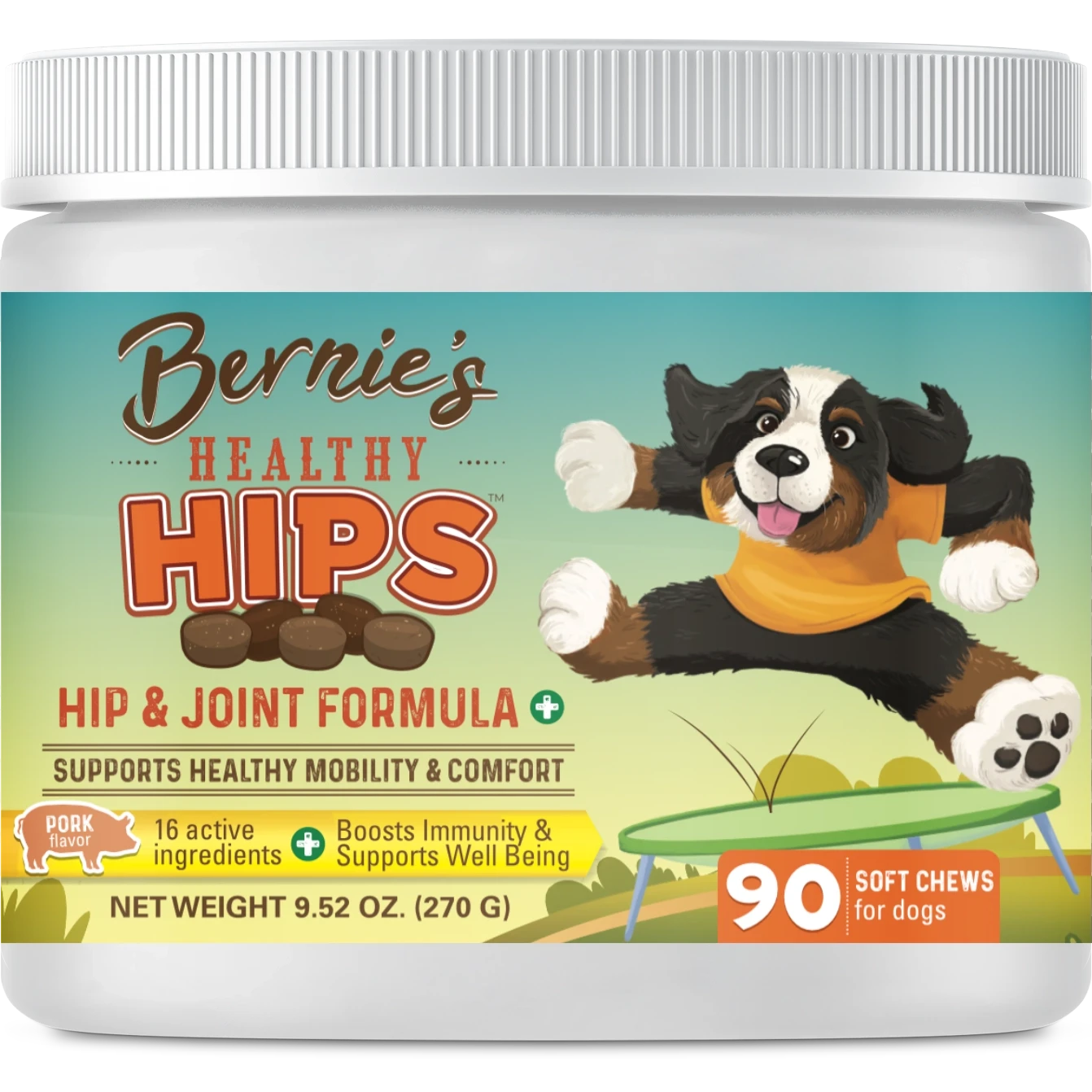 Front label of Healthy Hips pork flavor 90 count.