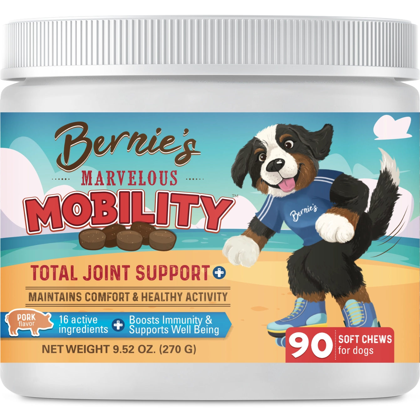 Front label of Marvelous Mobility pork flavor 90 count.
