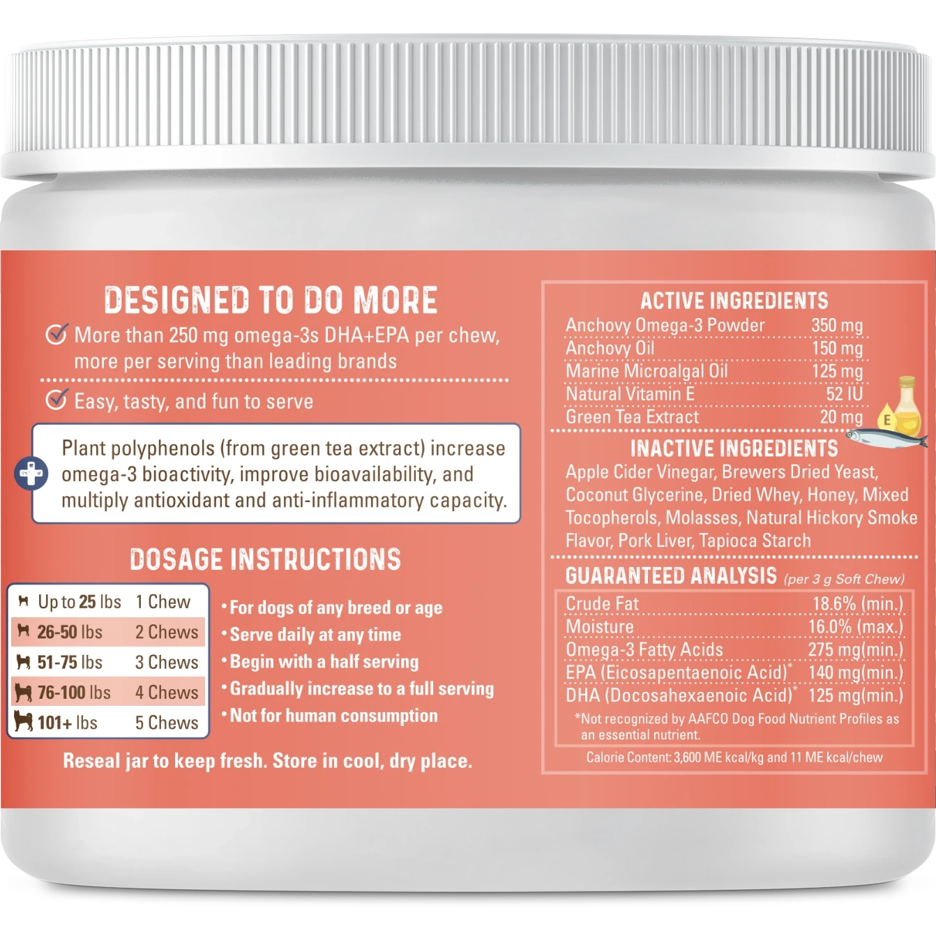 Rear label of OMG Omega chews pork flavor.