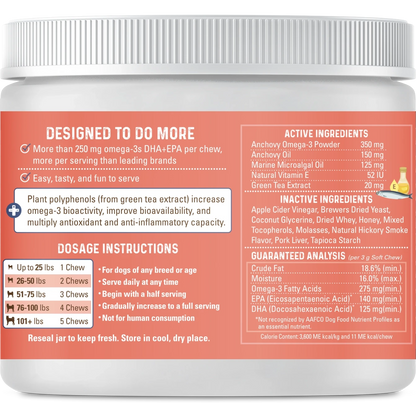 Rear label of OMG Omega chews pork flavor.