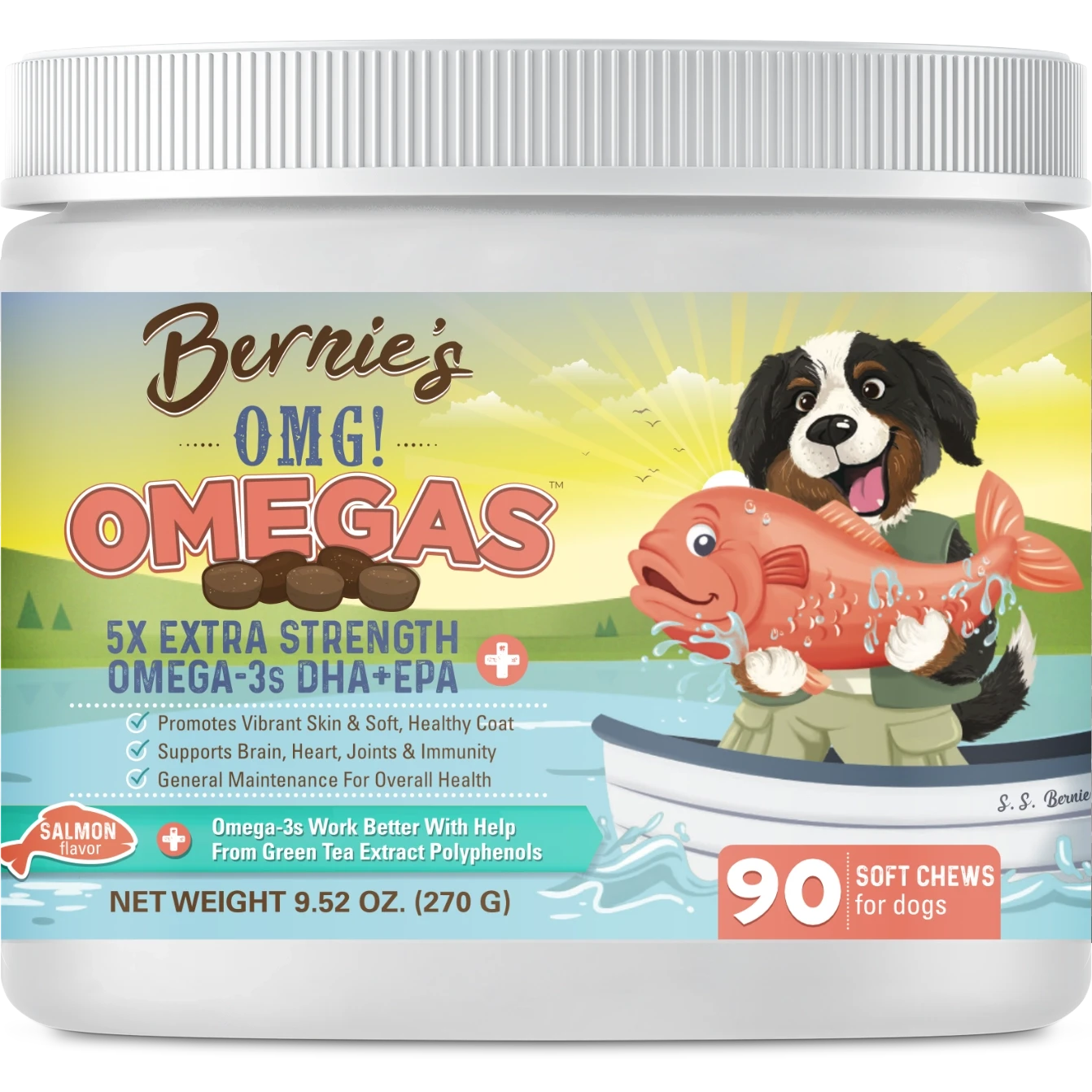 Front label of OMG Omega chews salmon flavor.