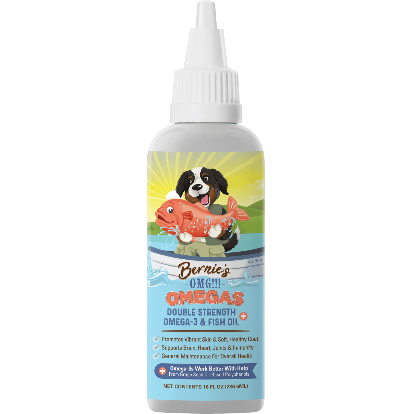 Front label of OMG Omega oils 16 oz.