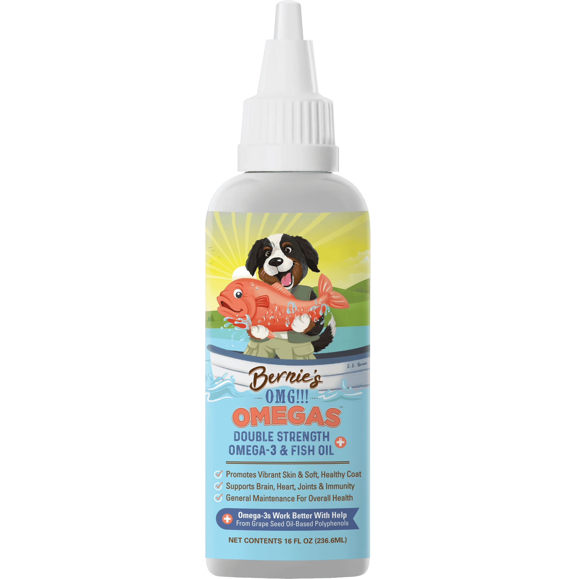 Front label of OMG Omega oils 16 oz.