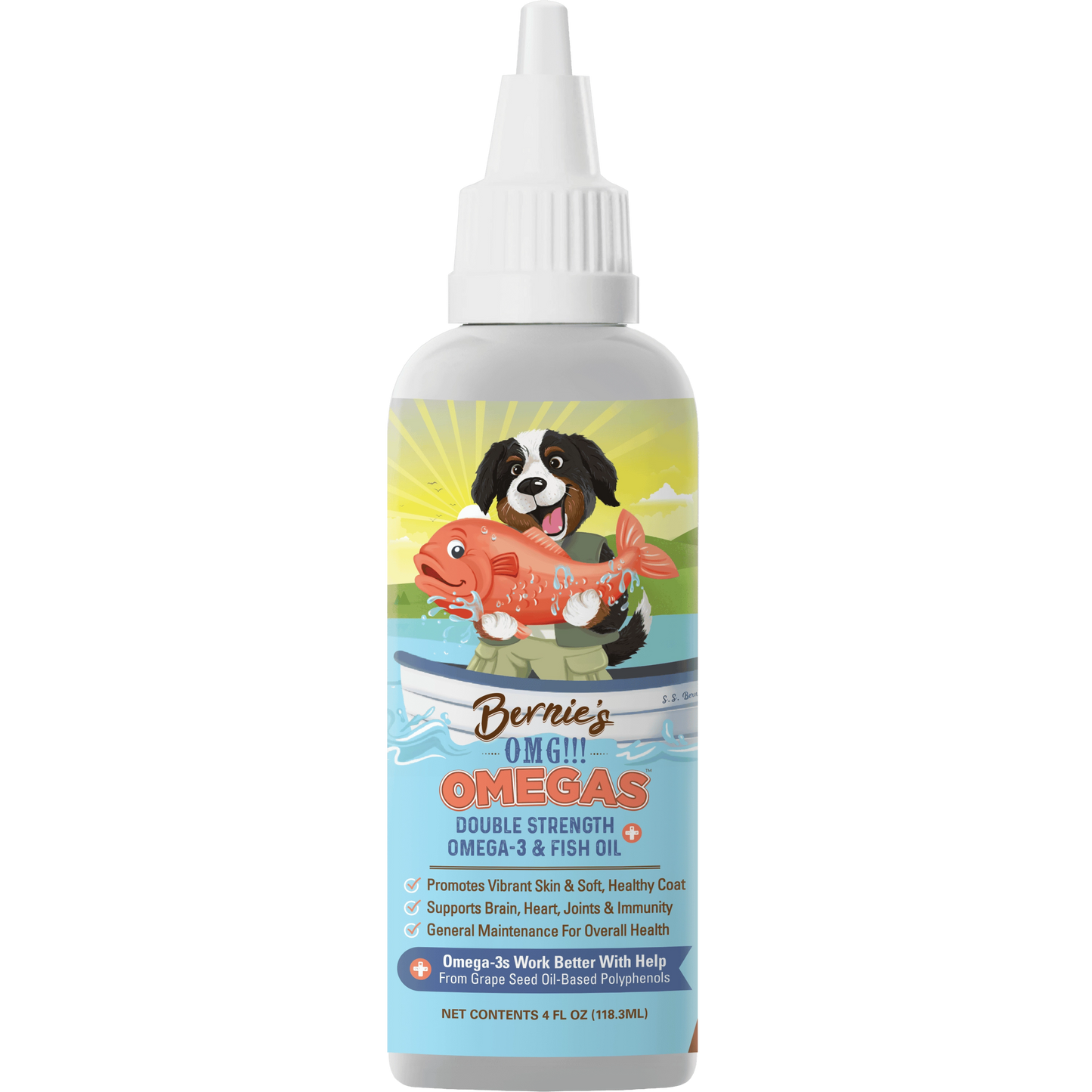 Front label of OMG Omega oils 4 oz.