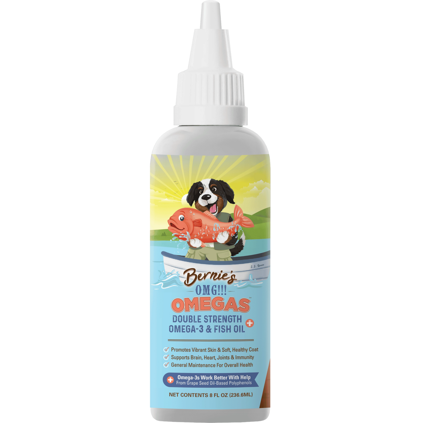 Front label of OMG Omega oils 8 oz.