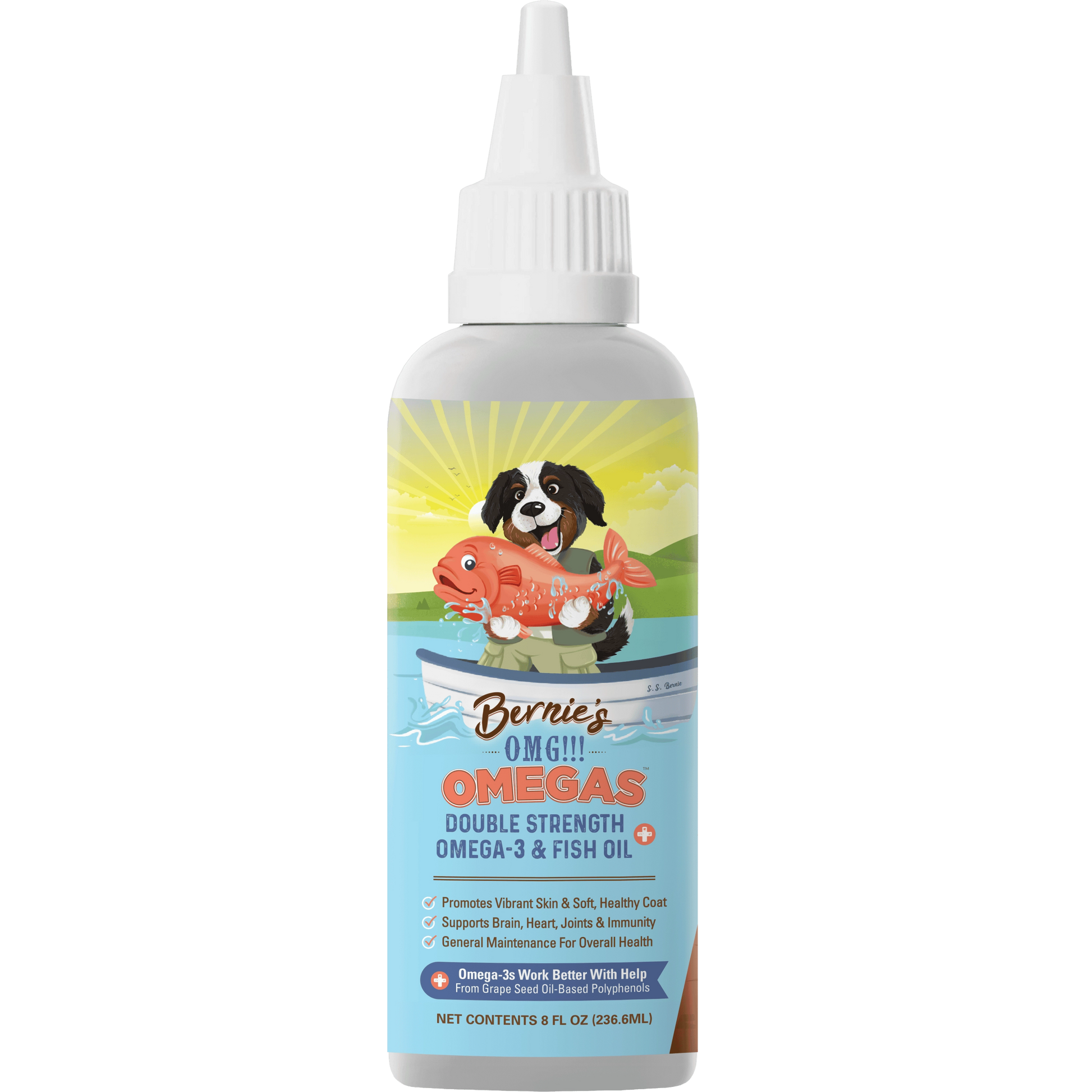 Front label of OMG Omega oils 8 oz.